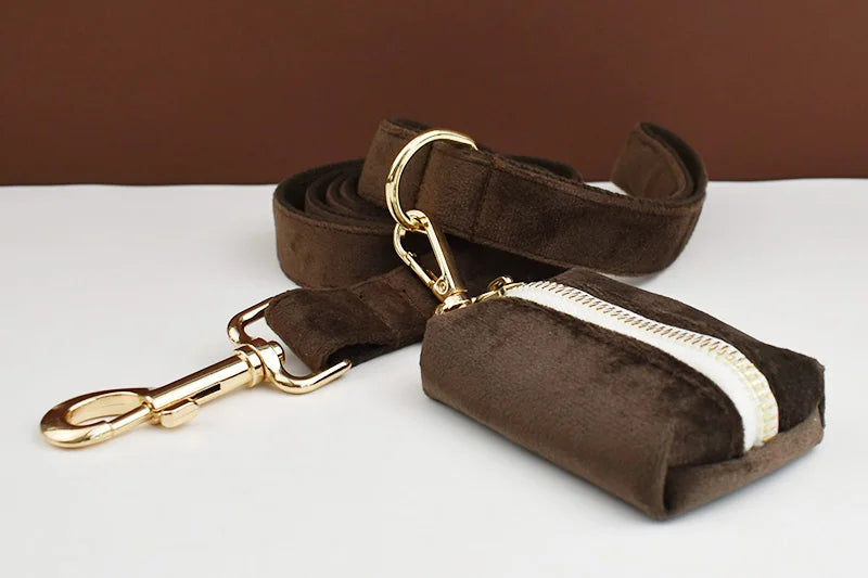 Dark Brown Velvet Dog Collar And Leash Set For Dogs Custom Engraved Nameplate Pet Supplies Dog Leash Velvet11