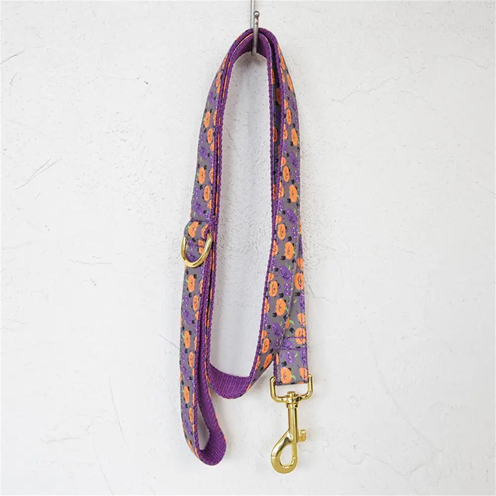 Personalized Dog Collar with Free Engraving, Matching Pet Leash,Customzied Contacts Metal Buckle,Orange Purple Pumpkin Collar