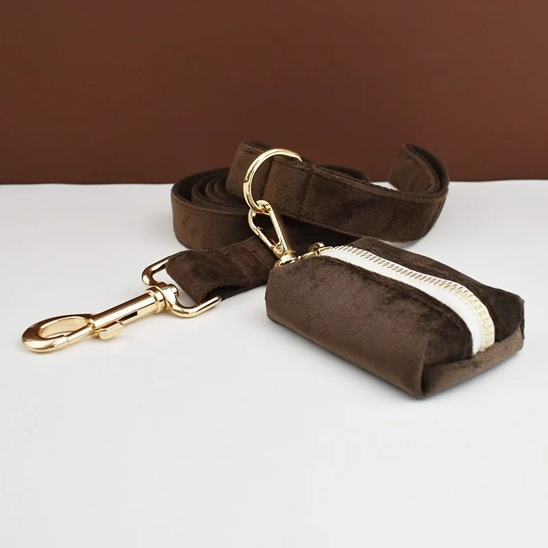 Dark Brown Velvet Dog Collar & Leash Set