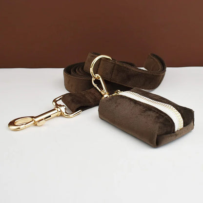 Dark Brown Velvet Dog Collar & Leash Set