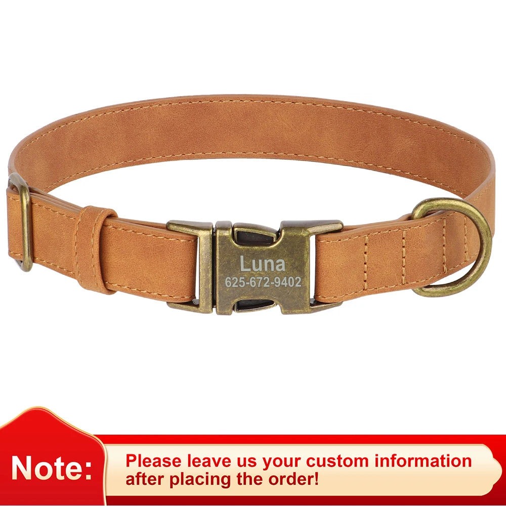 PU Leather Dog Collar with Engraved ID Tag
