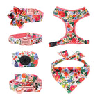 Classical Floral Dog Harness, Collar Flower Matching leash, Bandana, Shampoo Bag with Personalized Name, Telphone