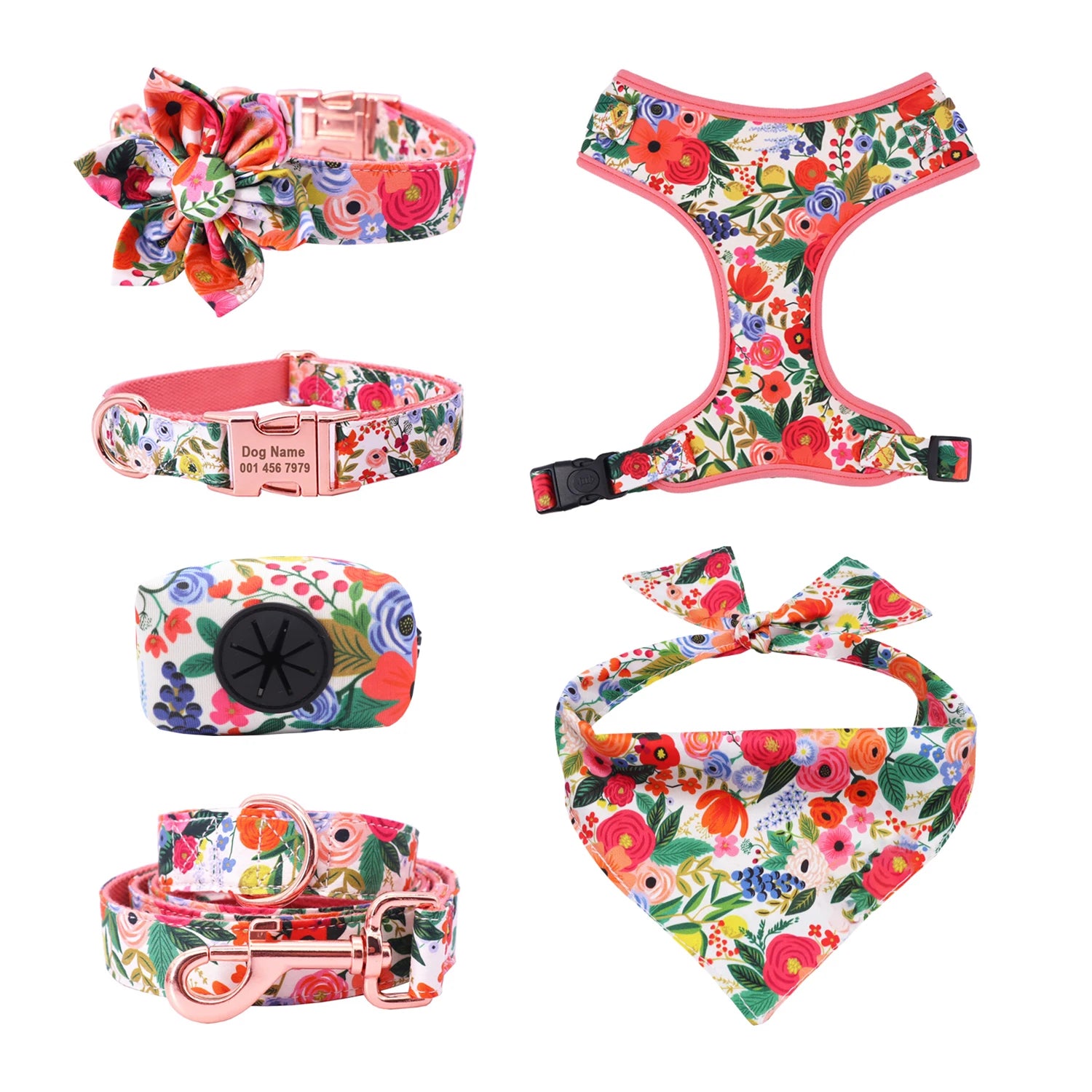 Classical Floral Dog Harness, Collar Flower Matching leash, Bandana, Shampoo Bag with Personalized Name, Telphone
