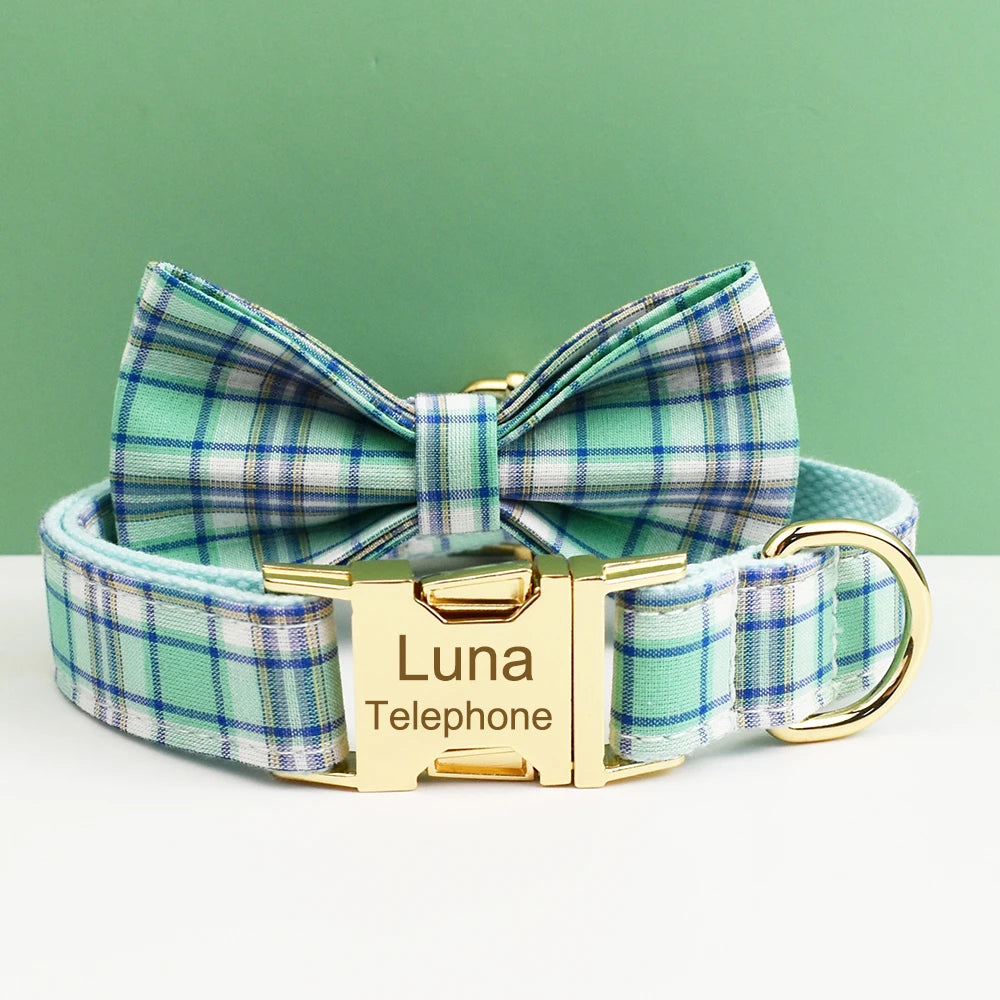 Water Green Plaid Dog Collar, Leash, and Harness Set