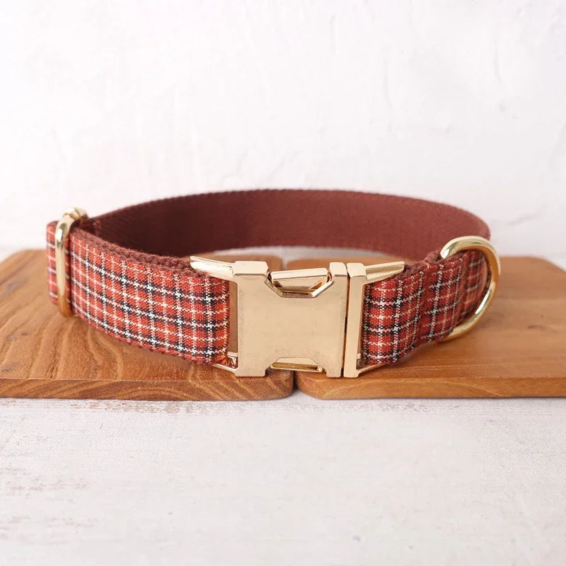 Personalized Dog Collar Custom Pet Collar Free Engraving ID Name Tag Pet Accessory Red Brown Plaid Puppy Collar Leash