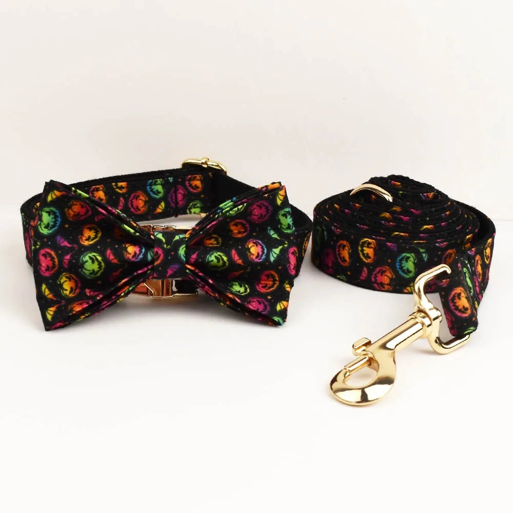New Halloween Colorful Pumpkin Pet Dog Collar Adjustable Harness Neck Ring Bowknot Engravable Set for Small and Medium Dogs