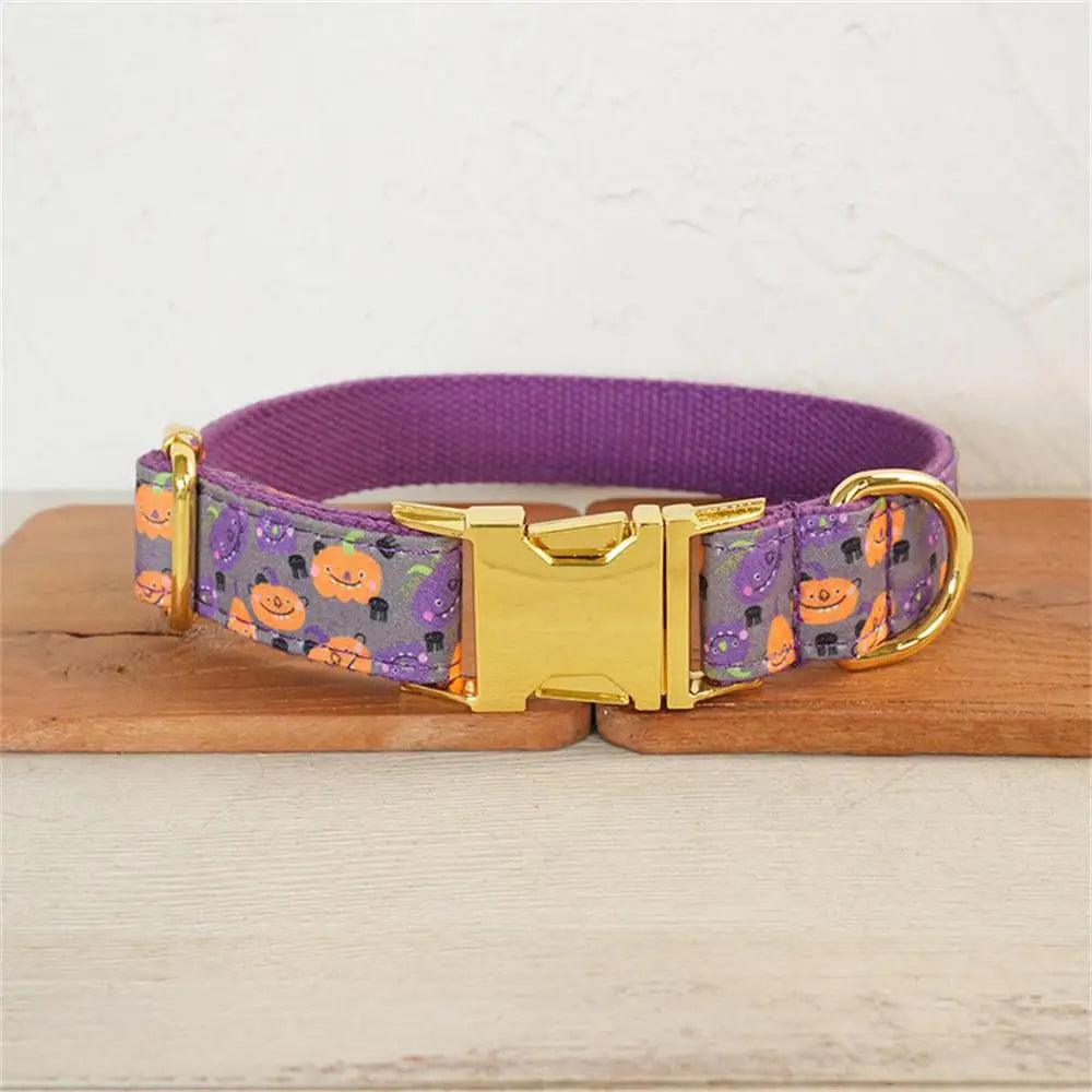 Personalized Dog Collar with Free Engraving, Matching Pet Leash,Customzied Contacts Metal Buckle,Orange Purple Pumpkin Collar