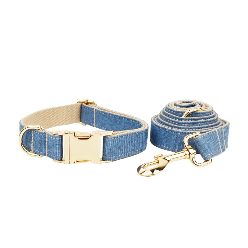 High Quality Pet Accessories Customized Designer Bare bottom denim Dog Collar Leashes Printing Dog Harness