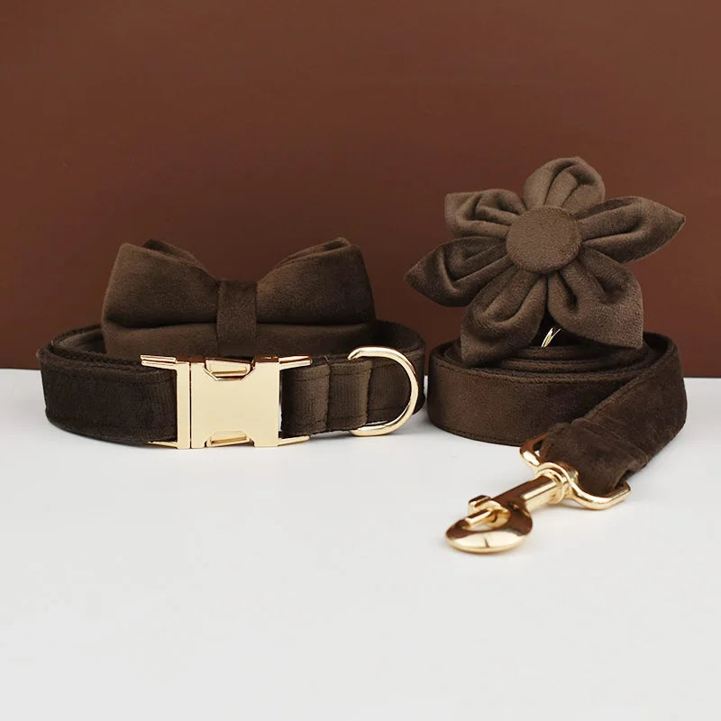 Dark Brown Velvet Dog Collar And Leash Set For Dogs Custom Engraved Nameplate Pet Supplies Dog Leash Velvet11