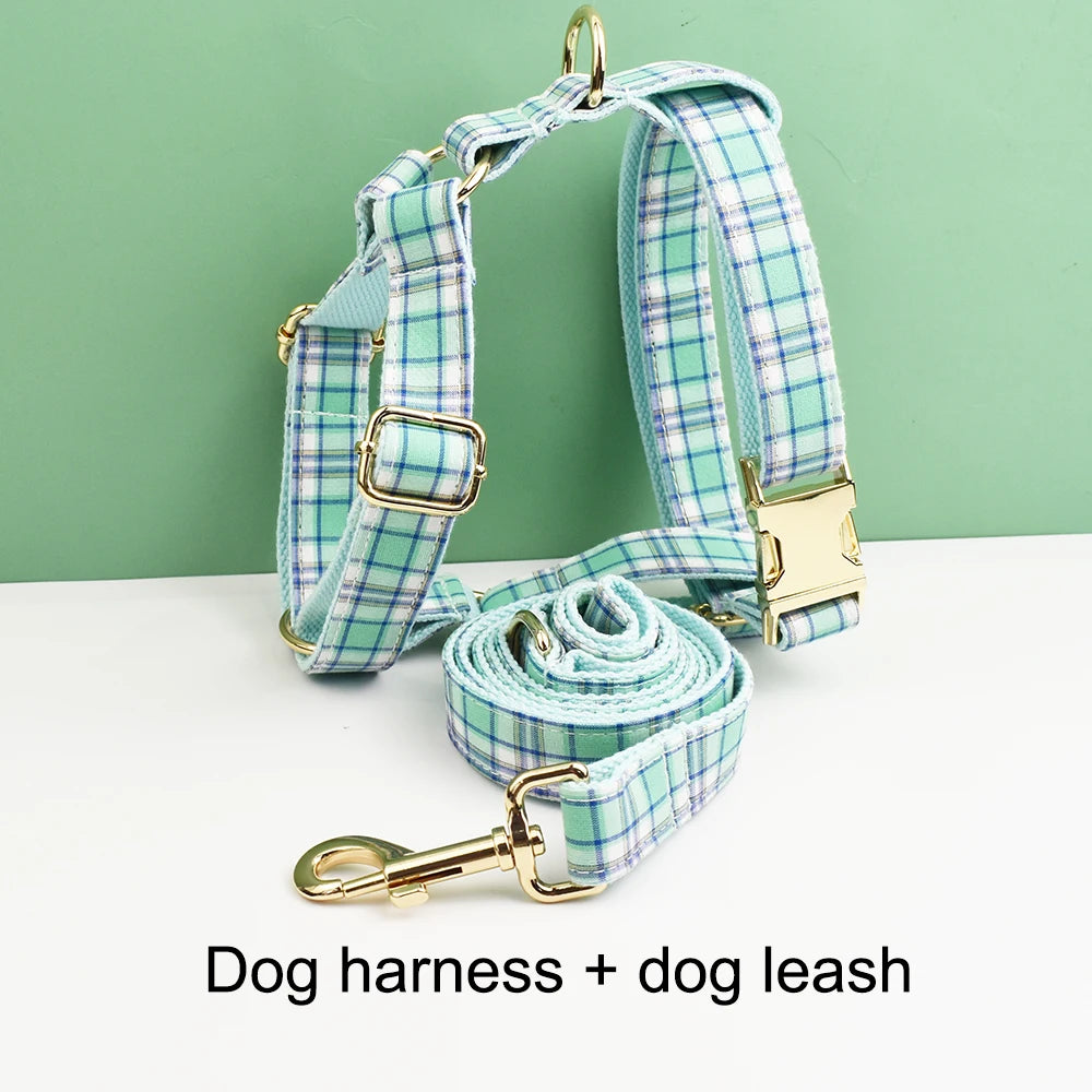 Water Green Plaid Dog Collar, Leash, and Harness Set