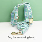Lake Water Green Plaid Dog Collar And Dog Leash and Harness with Custom Engraved Nameplate Personalized Pet Supplies for Dogs