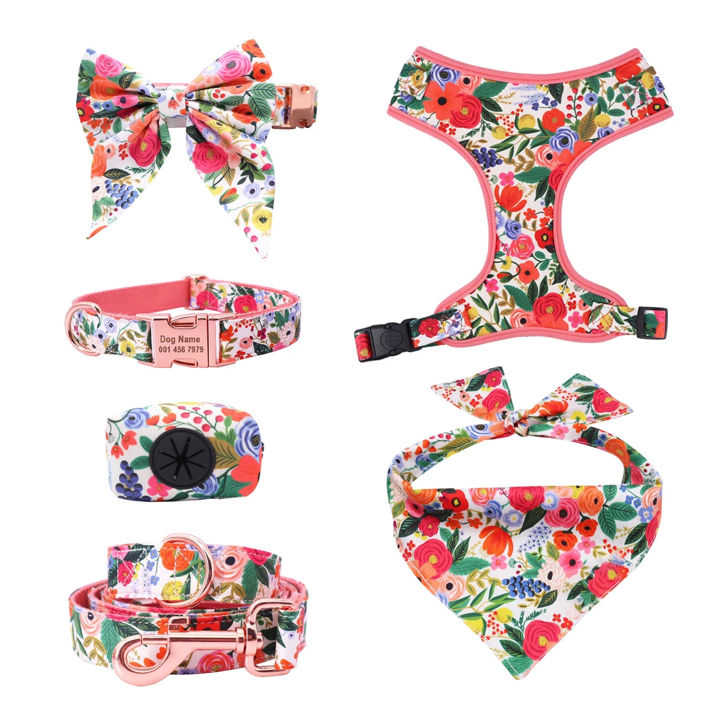 Floral Dog Harness, Collar & Leash Set