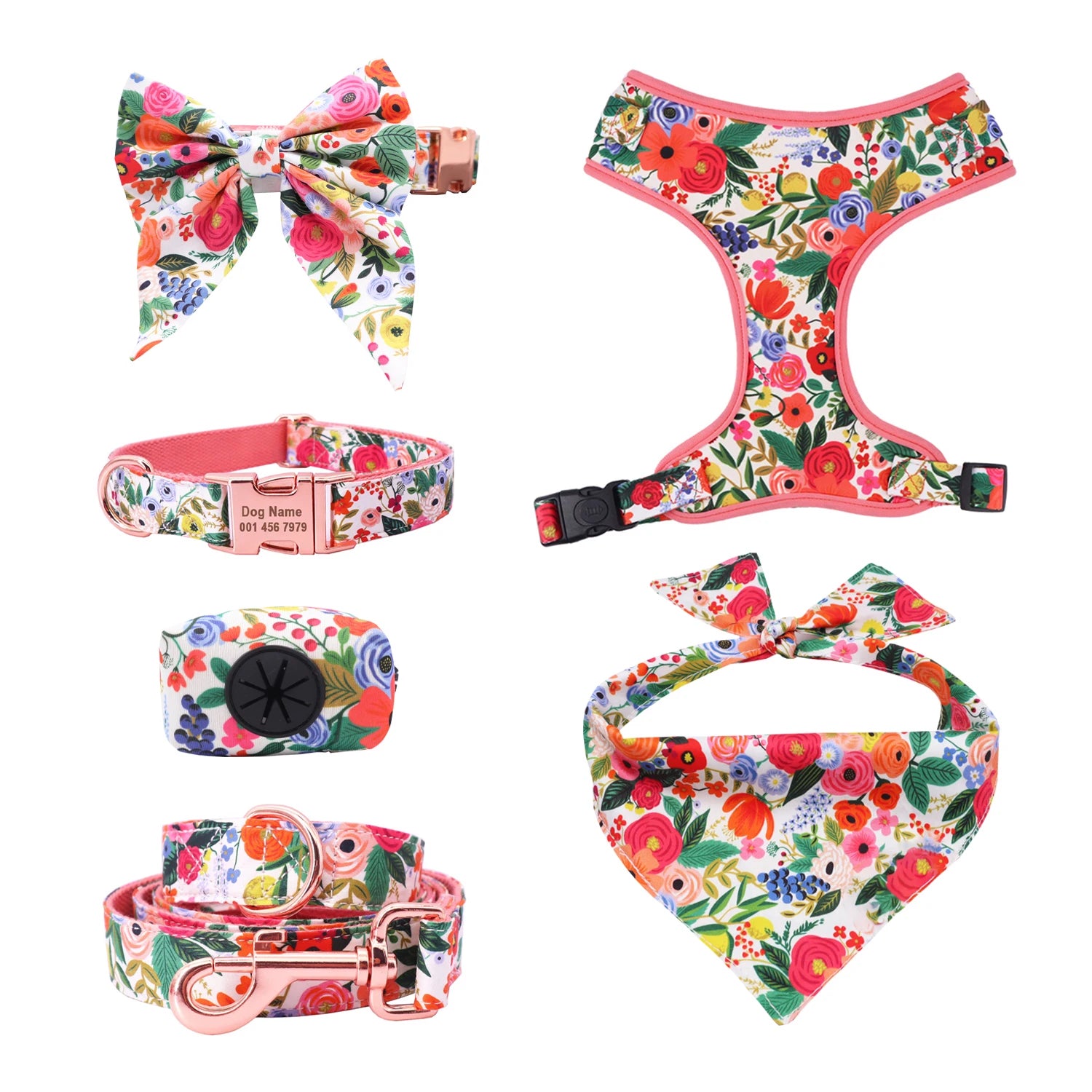 Classical Floral Dog Harness, Collar Flower Matching leash, Bandana, Shampoo Bag with Personalized Name, Telphone