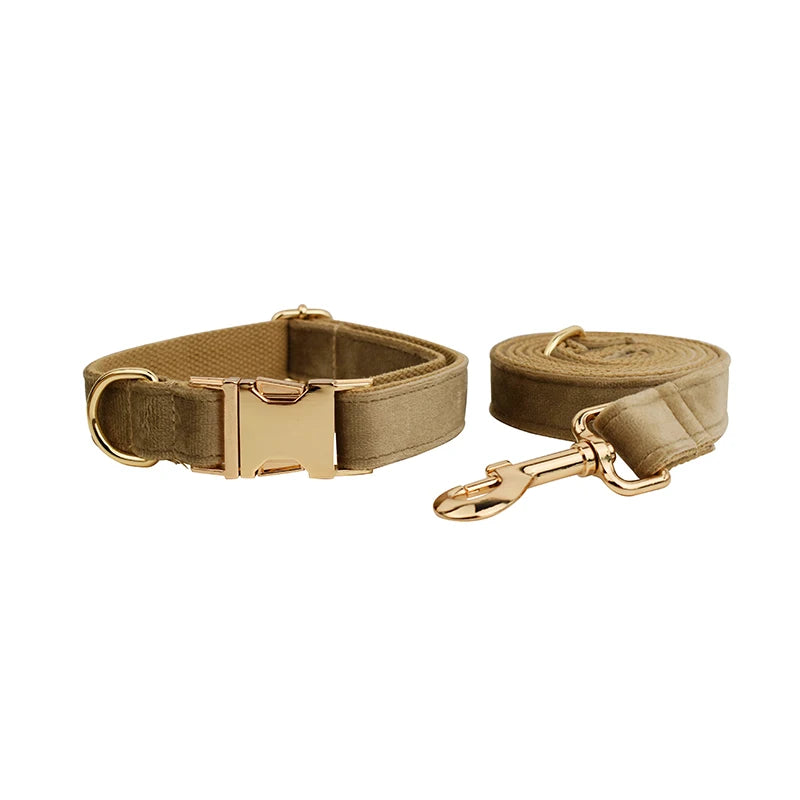 Shallow khaki Velvet Dog Collar And Leash Set For Dogs Custom Engraved Nameplate Pet Supplies Dog Leash Velvet 19