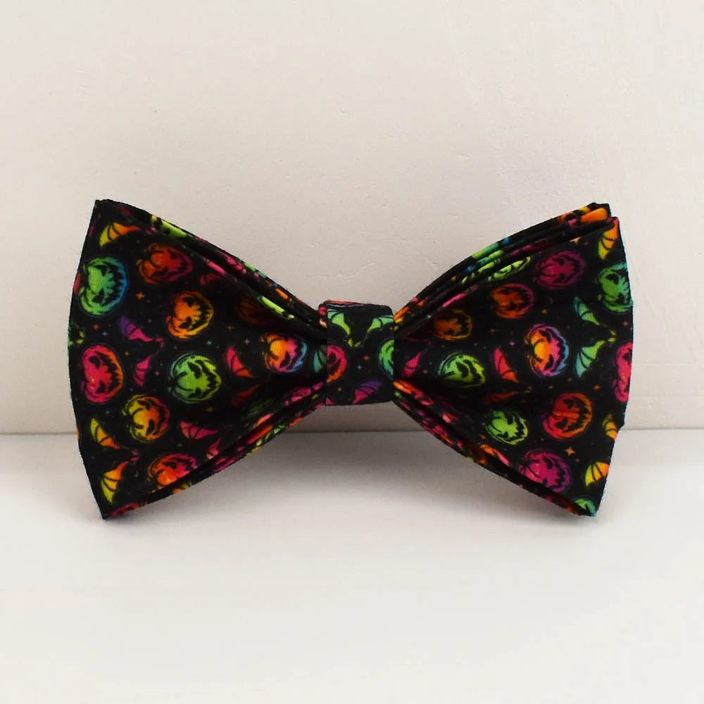 New Halloween Colorful Pumpkin Pet Dog Collar Adjustable Harness Neck Ring Bowknot Engravable Set for Small and Medium Dogs