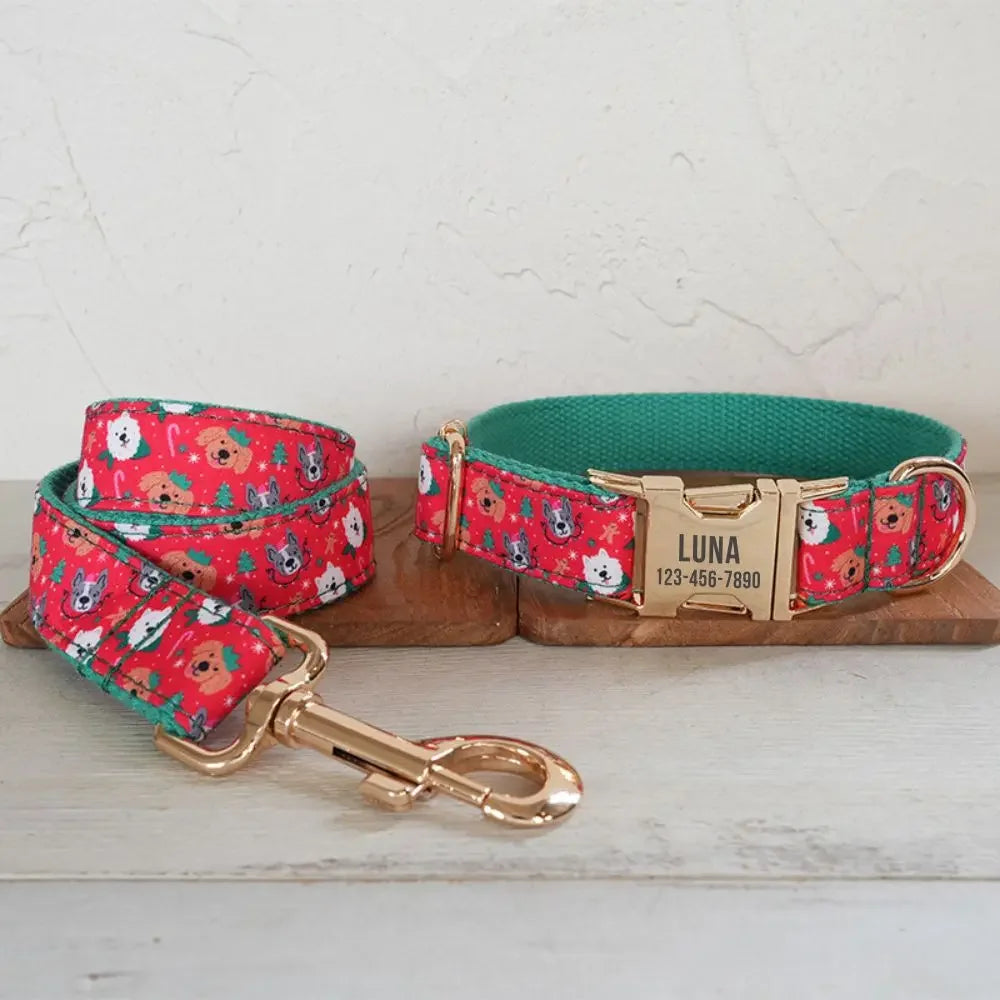 Personalized Dog Collar with Free Engraving, Matching Pet Leash,Customzied Contacts Metal Buckle,Christmas Cartoon Puppy Collar