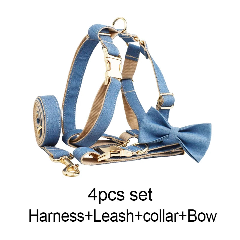 High Quality Pet Accessories Customized Designer Bare bottom denim Dog Collar Leashes Printing Dog Harness