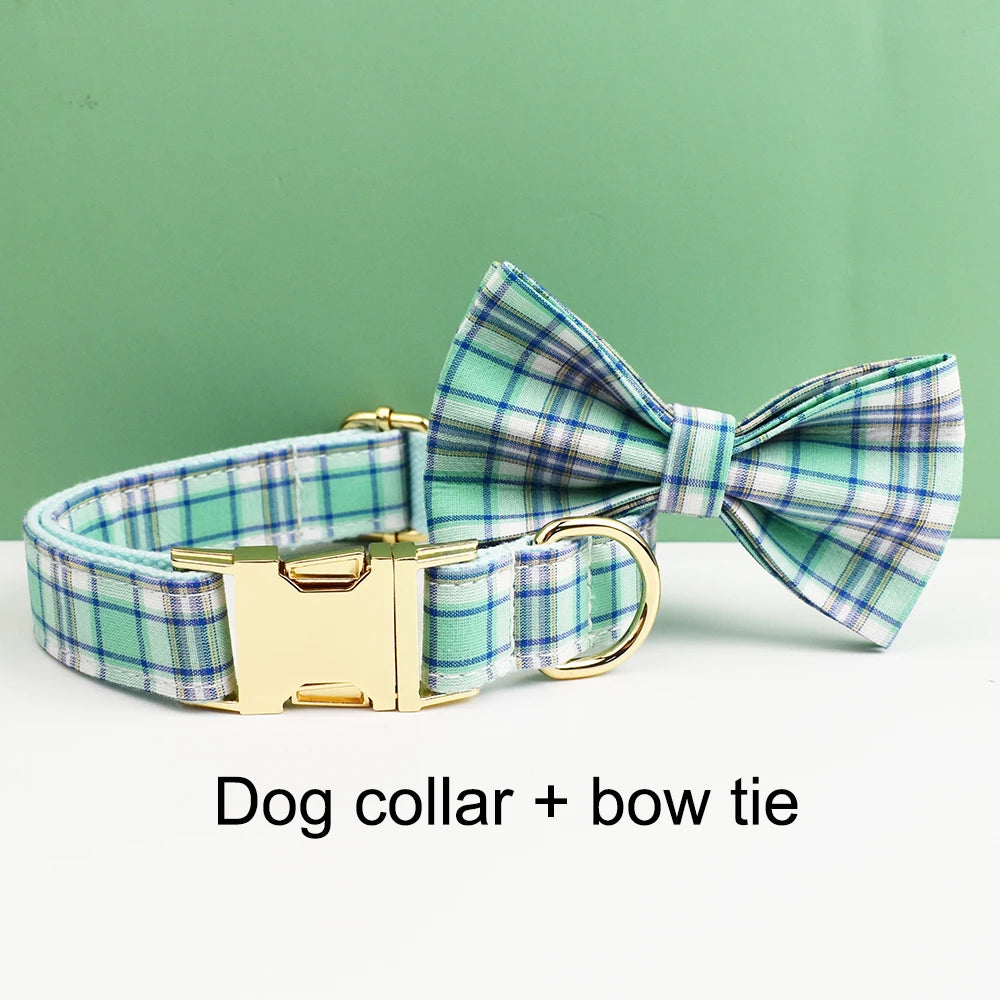 Water Green Plaid Dog Collar, Leash, and Harness Set