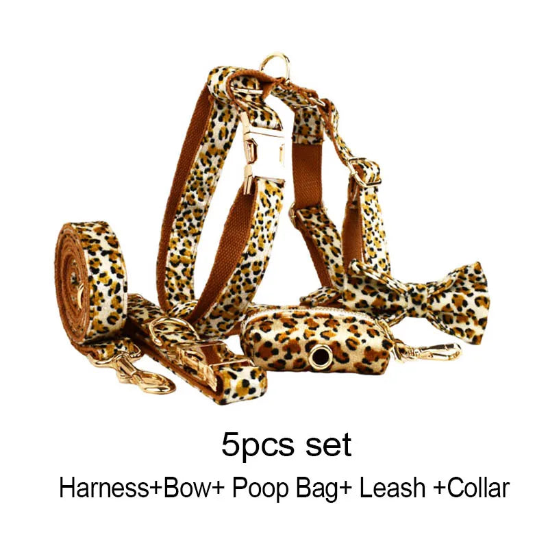 New Arrival Customized Designer Logo Leopard Print on Brown Base Soft Cotton Dog Collar Leashes Harness Poo Bag Holder Animal 01