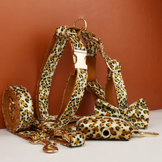 Leopard Print Dog Collar, Leash & Harness Set