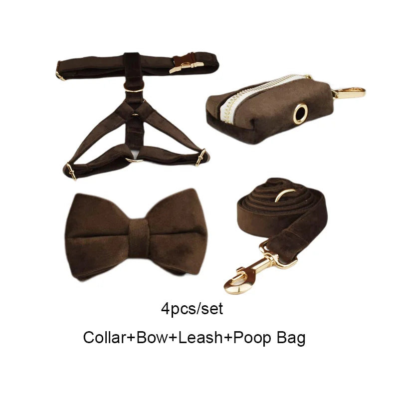 Dark Brown Velvet Dog Collar & Leash Set