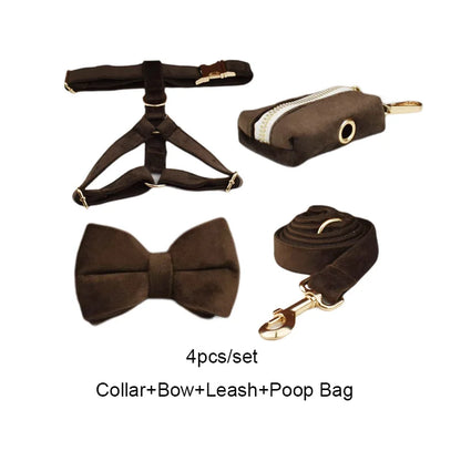 Dark Brown Velvet Dog Collar & Leash Set