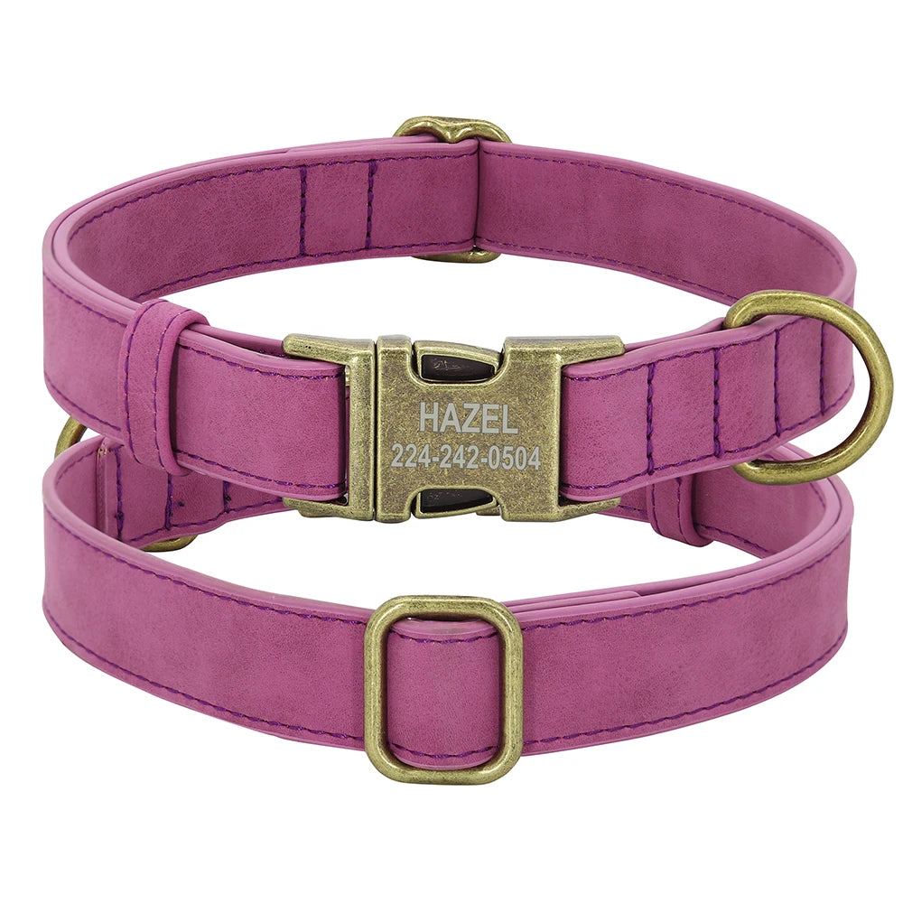 PU Leather Dog Collar with Engraved ID Tag