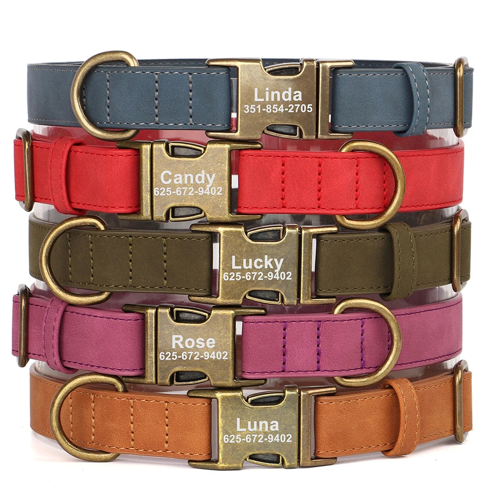 PU Leather Dog Collar with Engraved ID Tag
