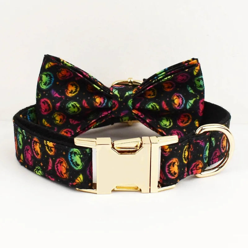 New Halloween Colorful Pumpkin Pet Dog Collar Adjustable Harness Neck Ring Bowknot Engravable Set for Small and Medium Dogs