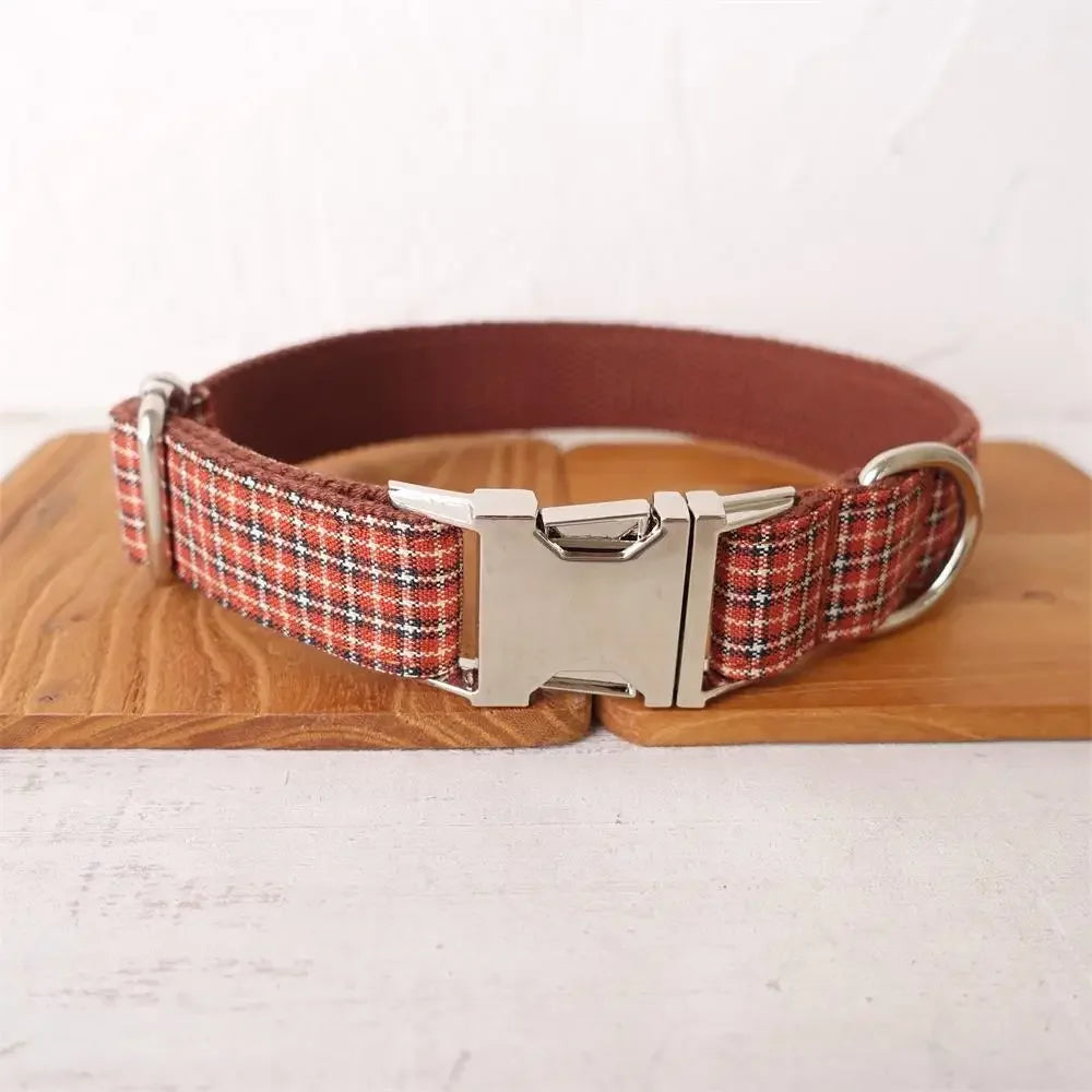 Personalized Dog Collar Custom Pet Collar Free Engraving ID Name Tag Pet Accessory Red Brown Plaid Puppy Collar Leash
