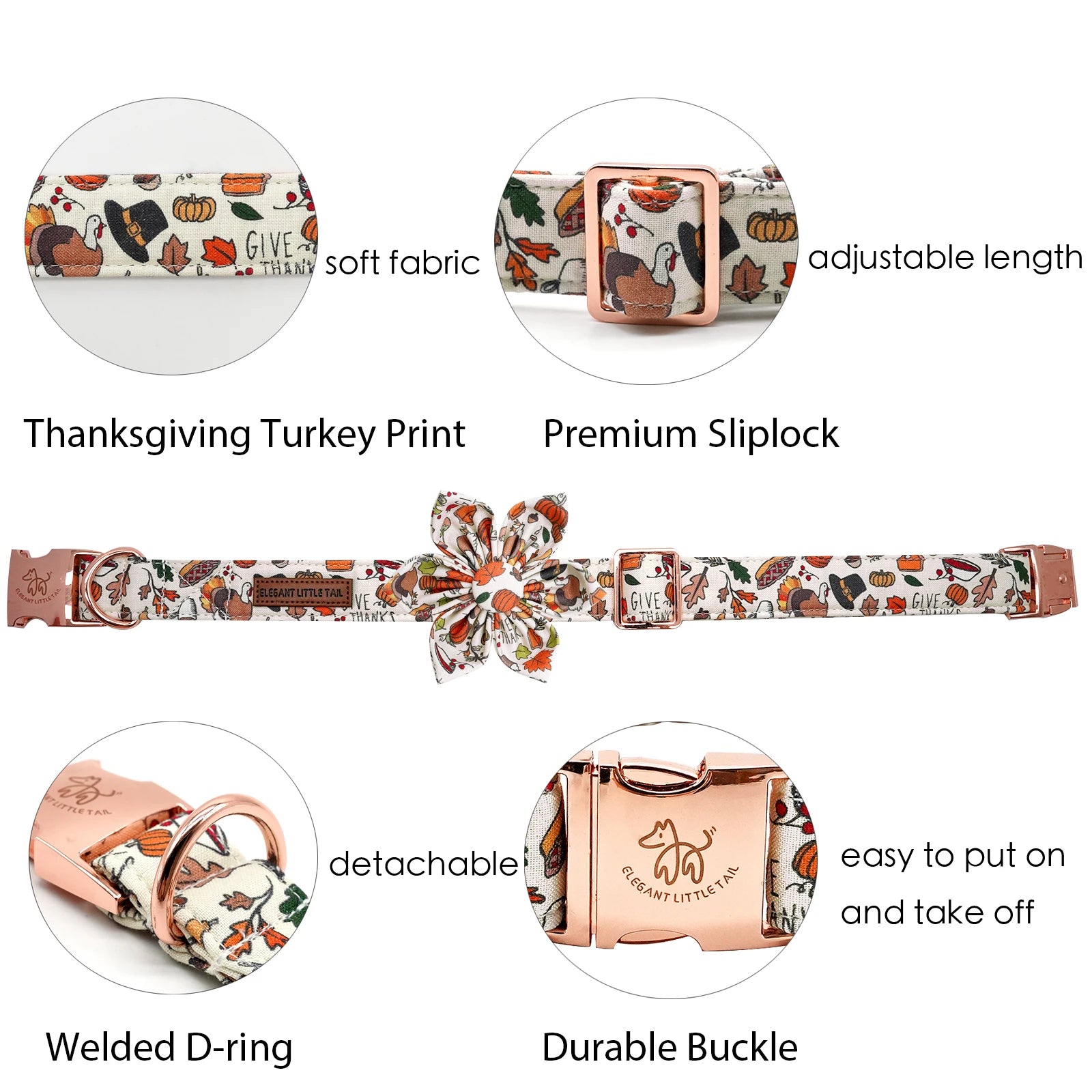 Elegant little tail Dog Collar with Bow - Fall Dog Collar Bow Thanksgiving Turkey Bow Girl Boy Pet Collar Soft Dog Bowtie Collar