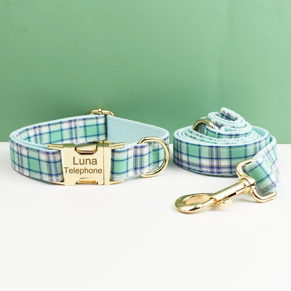 Water Green Plaid Dog Collar, Leash, and Harness Set