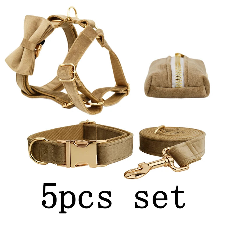Shallow khaki Velvet Dog Collar And Leash Set For Dogs Custom Engraved Nameplate Pet Supplies Dog Leash Velvet 19