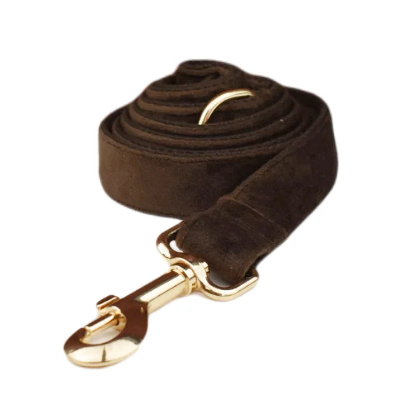 Dark Brown Velvet Dog Collar And Leash Set For Dogs Custom Engraved Nameplate Pet Supplies Dog Leash Velvet11