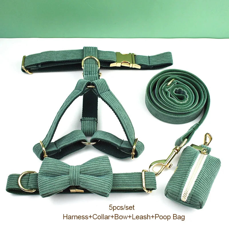 Dark Green Corduroy Dog Collar And Leash Set For Dogs Custom Engraved Nameplate Pet Supplies Dog Leash Corduroy04