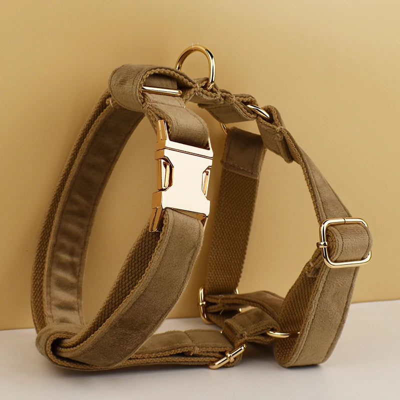 Khaki Velvet Dog Collar & Leash Set