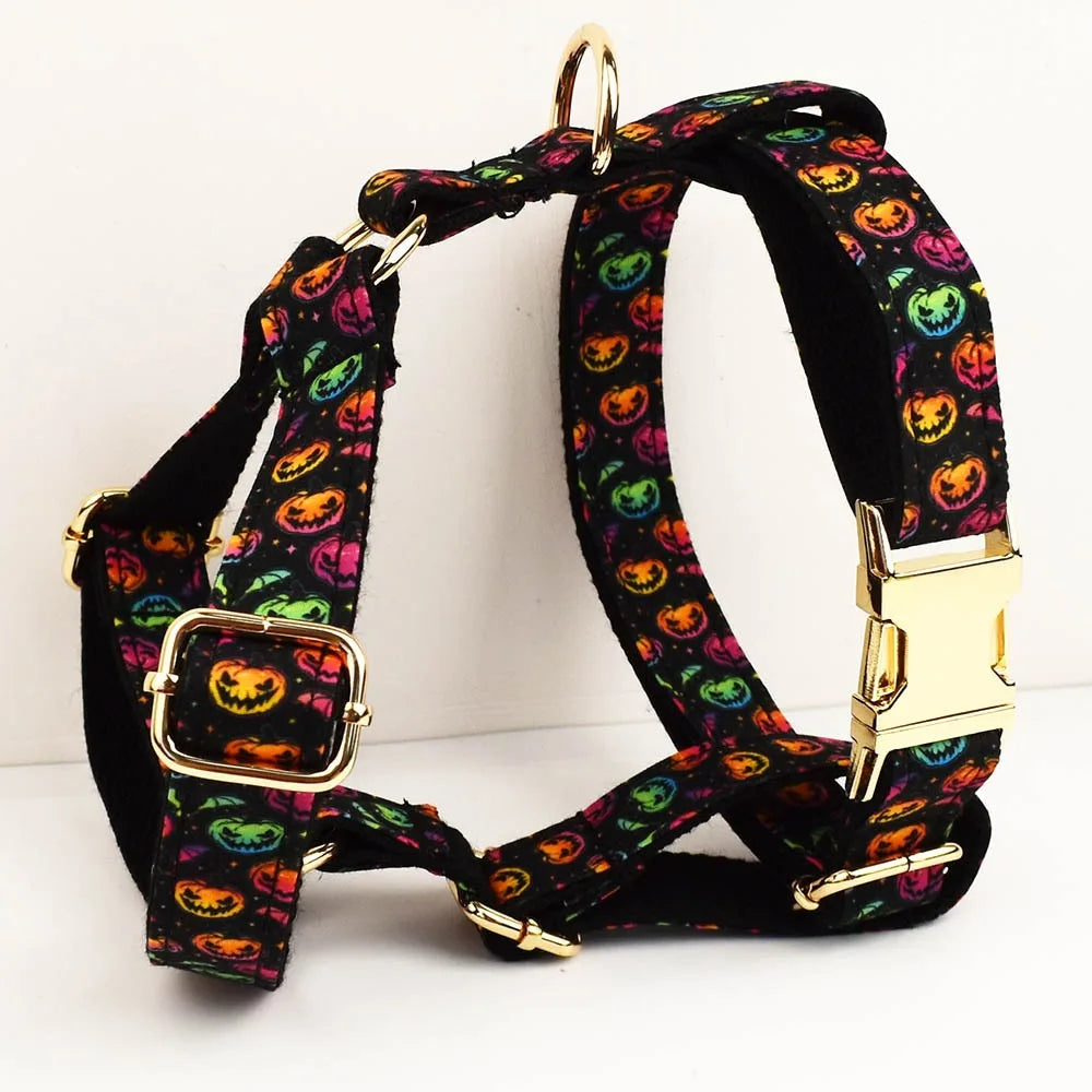 New Halloween Colorful Pumpkin Pet Dog Collar Adjustable Harness Neck Ring Bowknot Engravable Set for Small and Medium Dogs
