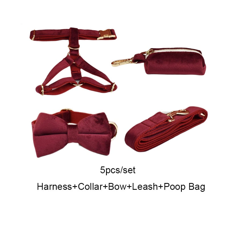 Red Wine Velvet Harness, Collar, and Leash Set