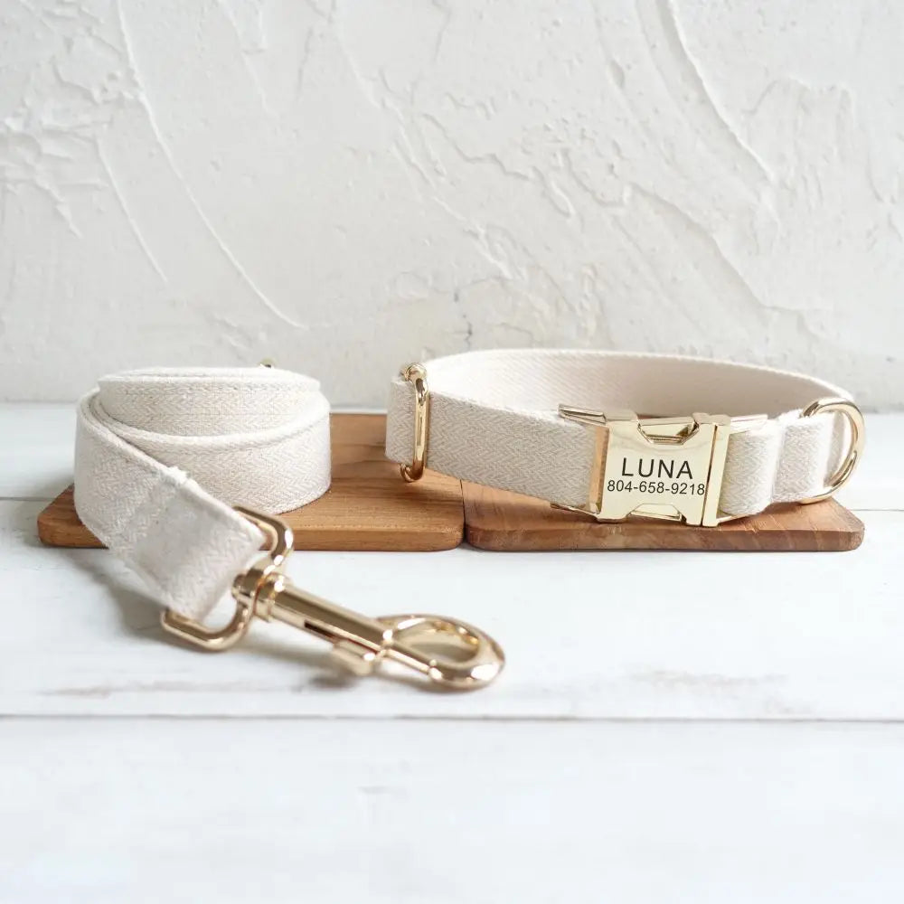 Beige Fiber Dog Collar & Leash Set