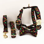 New Halloween Colorful Pumpkin Pet Dog Collar Adjustable Harness Neck Ring Bowknot Engravable Set for Small and Medium Dogs