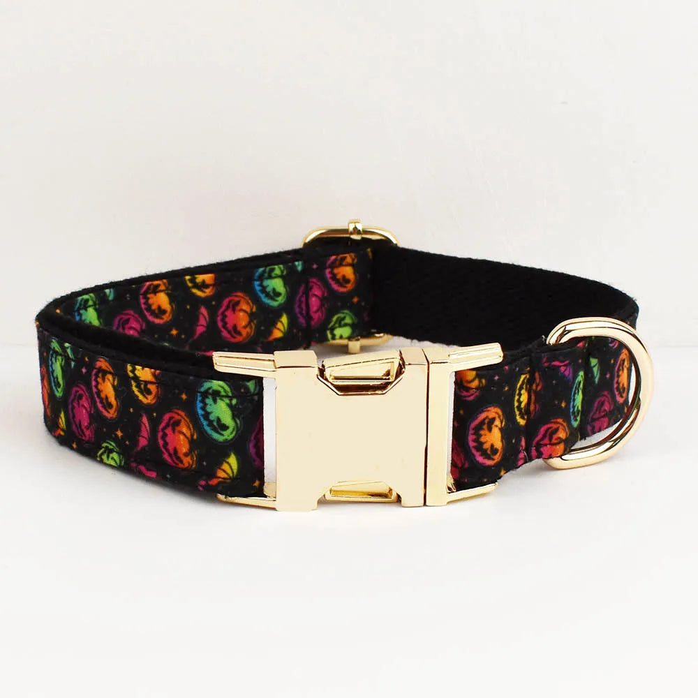 New Halloween Colorful Pumpkin Pet Dog Collar Adjustable Harness Neck Ring Bowknot Engravable Set for Small and Medium Dogs