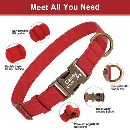 PU Leather Dog Collar with Engraved ID Tag