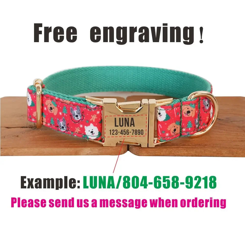 Personalized Dog Collar with Free Engraving, Matching Pet Leash,Customzied Contacts Metal Buckle,Christmas Cartoon Puppy Collar