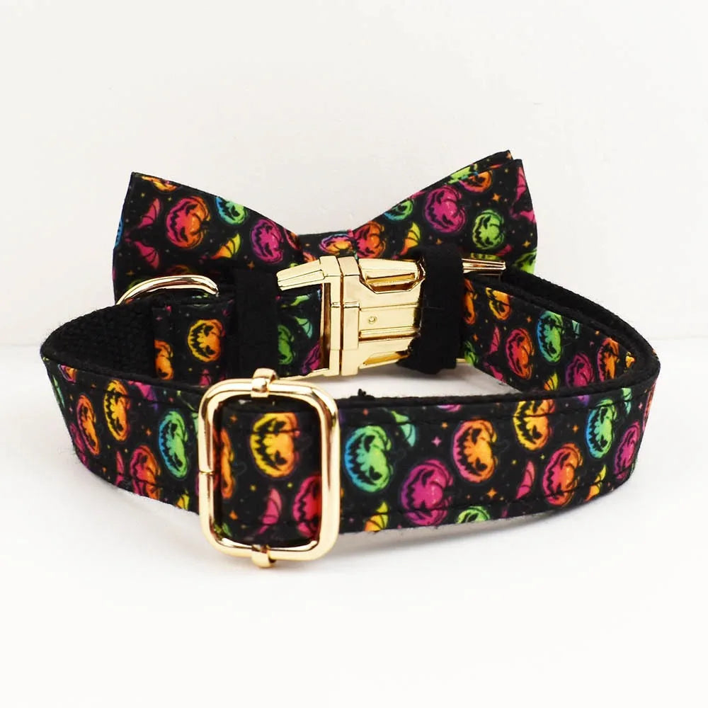 New Halloween Colorful Pumpkin Pet Dog Collar Adjustable Harness Neck Ring Bowknot Engravable Set for Small and Medium Dogs