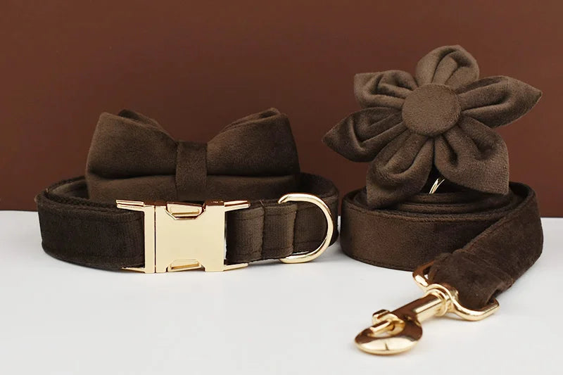Dark Brown Velvet Dog Collar And Leash Set For Dogs Custom Engraved Nameplate Pet Supplies Dog Leash Velvet11
