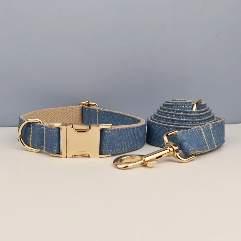 High Quality Pet Accessories Customized Designer Bare bottom denim Dog Collar Leashes Printing Dog Harness