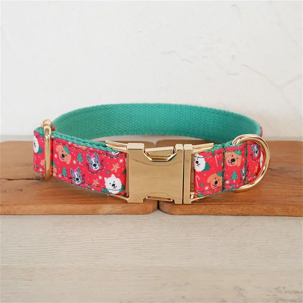 Personalized Dog Collar with Free Engraving, Matching Pet Leash,Customzied Contacts Metal Buckle,Christmas Cartoon Puppy Collar