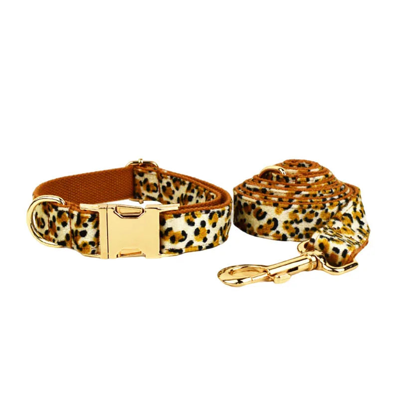 New Arrival Customized Designer Logo Leopard Print on Brown Base Soft Cotton Dog Collar Leashes Harness Poo Bag Holder Animal 01