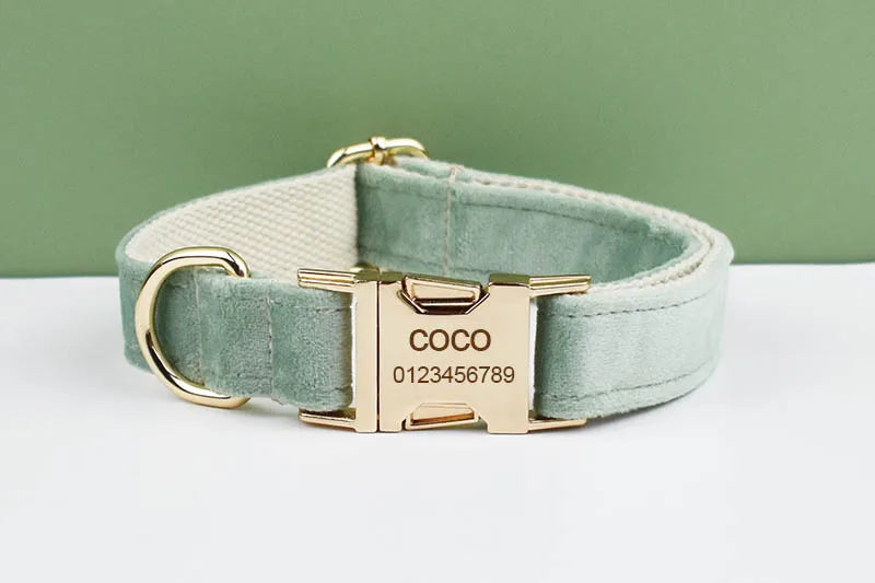 Mint Green Velvet Dog Collar And Leash Set For Dogs Custom Engraved Nameplate Pet Supplies Dog Leash Velvet 17
