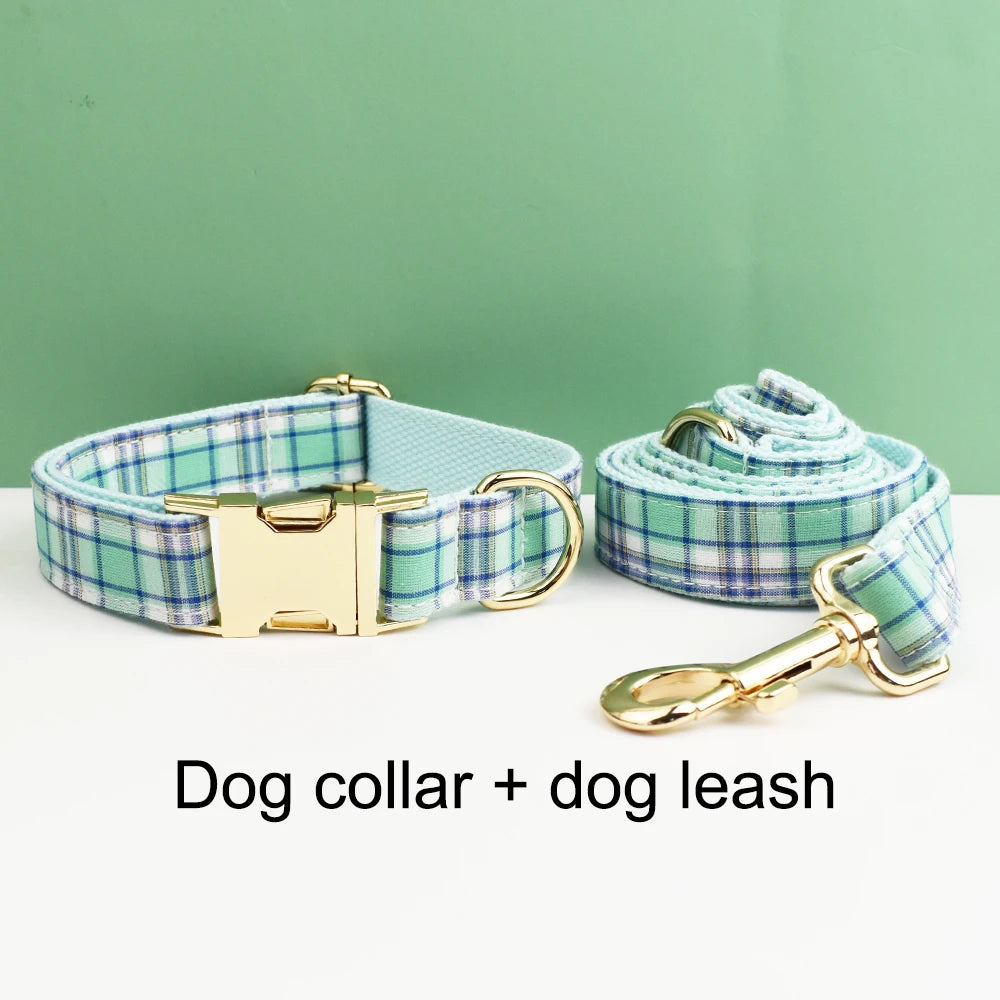 Water Green Plaid Dog Collar, Leash, and Harness Set
